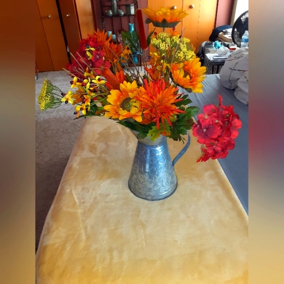 unmarked Other - Metal pitcher/vase with silk floral arrangement